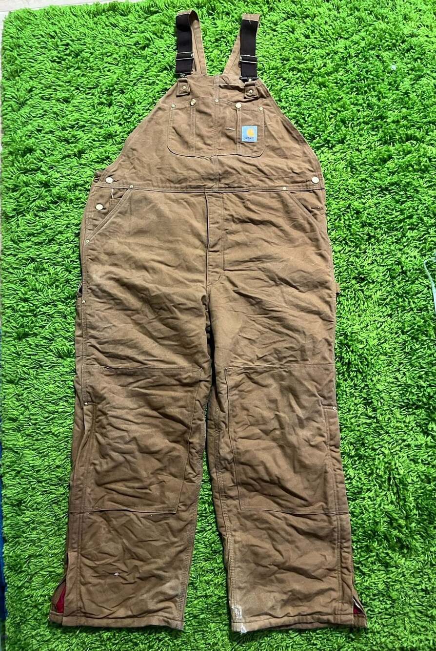 Carhartt Vintage Quilt-Lined Brown Canvas Double Knee Bib Overalls Men's 46 x 30